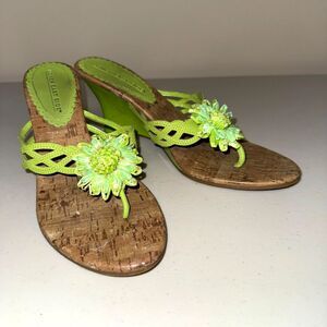 Green Flower Wedge Sandals Women's 8.5 Thong Heel Cork Sole Slides Shoes Spring